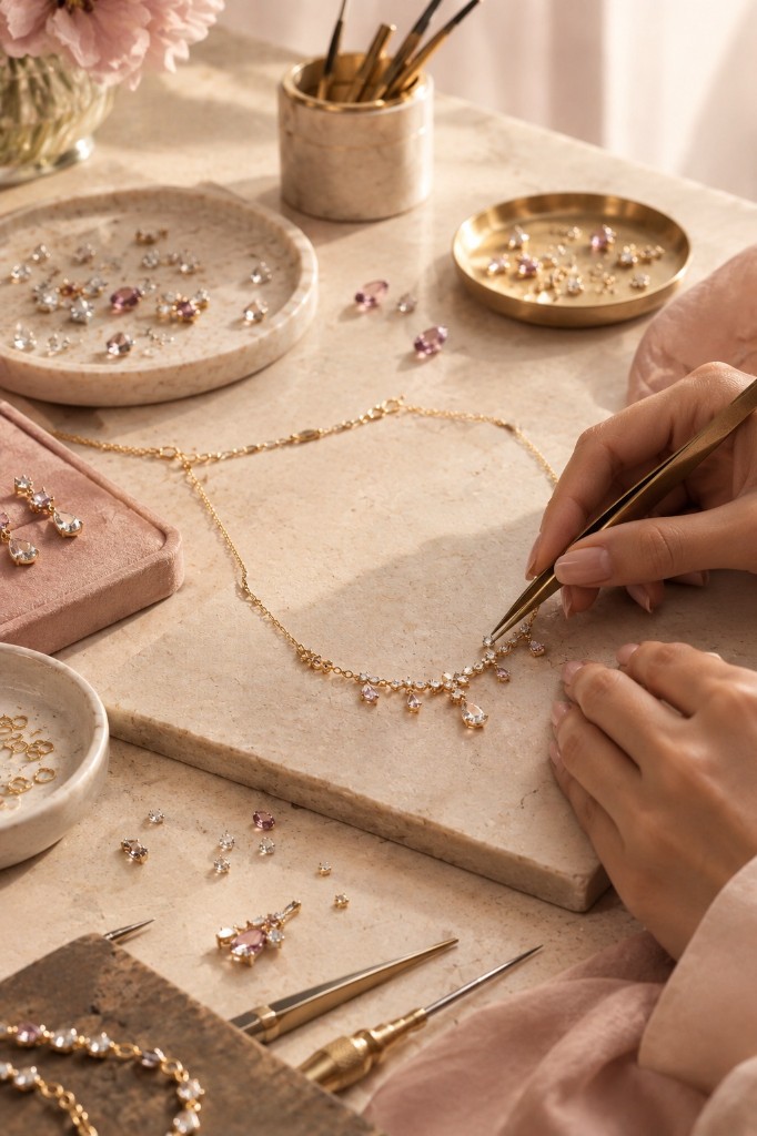 A jeweler setting stones into a gold necklace