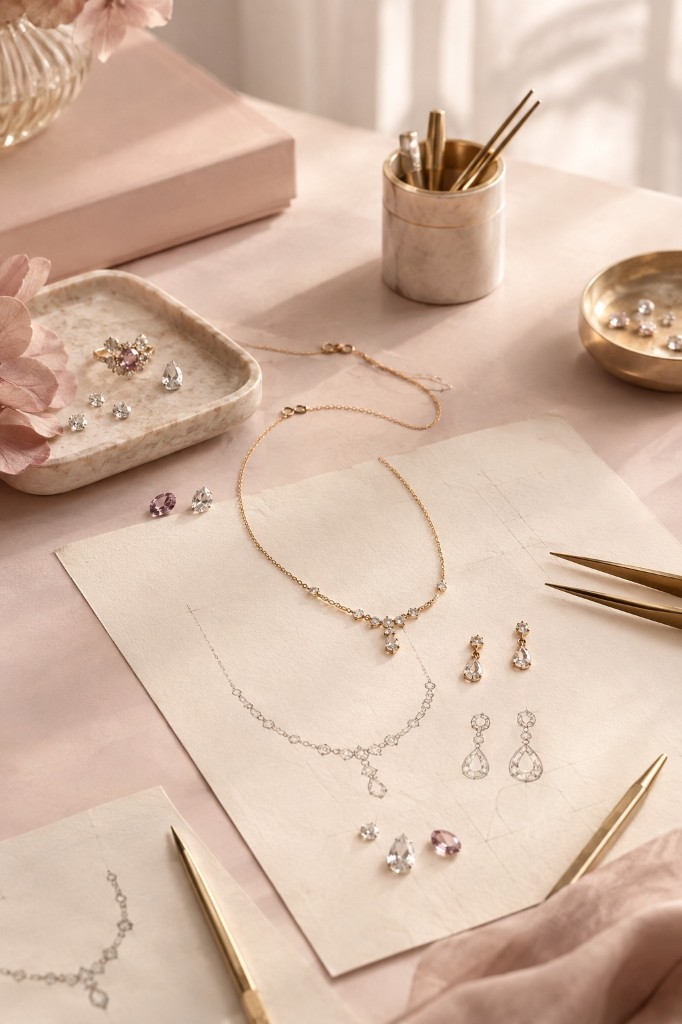 A necklace design sketched beside loose stones