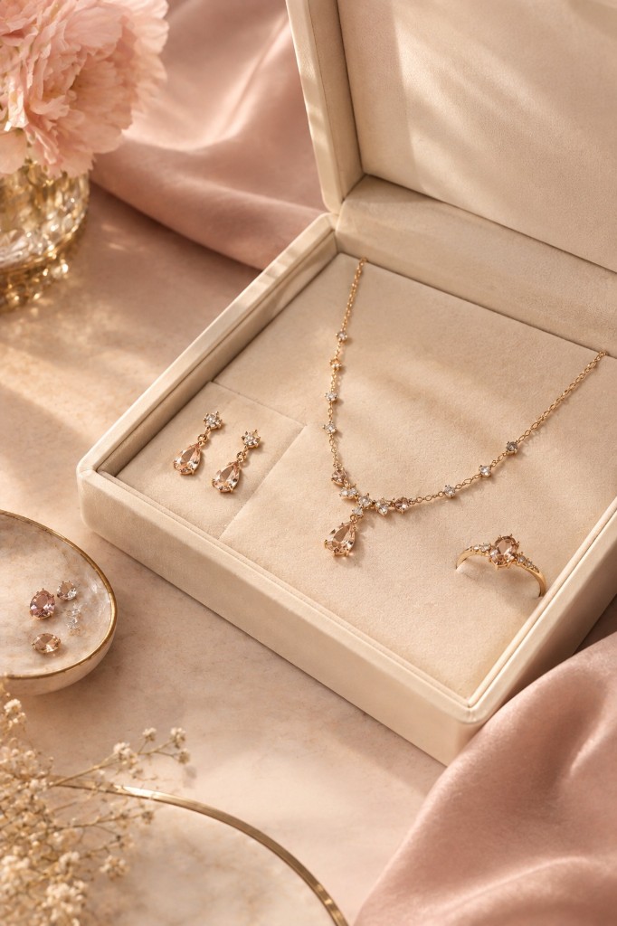 Finished necklace, earrings and ring in a jewelry box